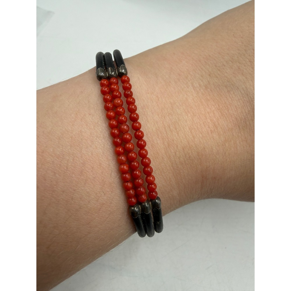 Vintage Red Beaded Triple Strand Cuff Bracelet Black Silver Tone Boho Ethnic
